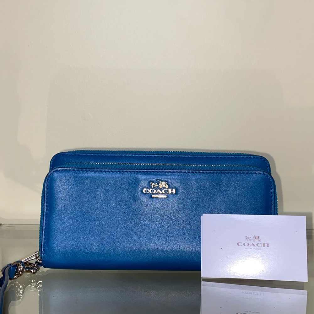Coach Peacock Blue Triple Zip Wristlet Wallet